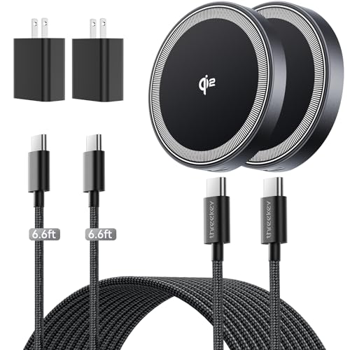 THREEKEY 15W Magnetic Wireless Charger, Qi2 Wireless Phone Charger with 6.6ft Cable Fast Charging Pad for iPhone 17 Air 16 15 14 13 12 Pro Max Airpods(20W Adapter Included), 2 Pack - color: Black
