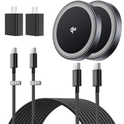 THREEKEY 15W Magnetic Wireless Charger, Qi2 Wireless Phone Charger with 6.6ft Cable Fast Charging Pad for iPhone 17 Air 16 15 14 13 12 Pro Max Airpods(20W Adapter Included), 2 Pack - color: Black