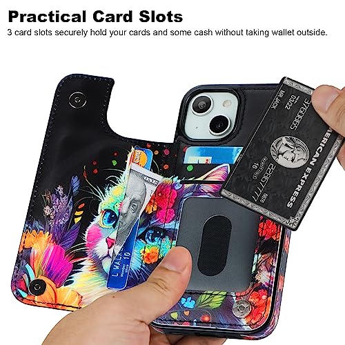 HAOPINSH for iPhone 14 Wallet Case with Card Holder, Flower Cat Pattern Back Flip Folio PU Leather Kickstand Card Slots Case for Women Girls, Double Magnetic Clasp Shockproof Cover 6.1" - color: Flower Cat