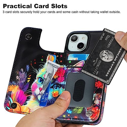 HAOPINSH for iPhone 14 Wallet Case with Card Holder, Flower Cat Pattern Back Flip Folio PU Leather Kickstand Card Slots Case for Women Girls, Double Magnetic Clasp Shockproof Cover 6.1" - color: Flower Cat