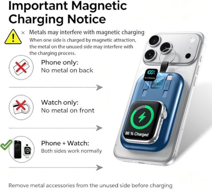 Magnetic Portable Charger 10000mAh Wireless Power Bank with Built-in Cables - color: blue