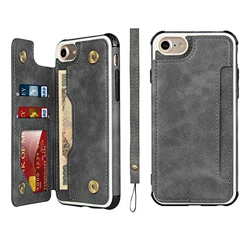 iCoverCase Compatible with iPhone SE(2022)/SE(2020)/7/8/6/6s Wallet Case with Card Slots Holder and Wrist Strap Premium PU Leather Kickstand Magnetic Clasp Shockproof Flip Cover Case (Gray) - color: Gray