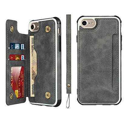iCoverCase Compatible with iPhone SE(2022)/SE(2020)/7/8/6/6s Wallet Case with Card Slots Holder and Wrist Strap Premium PU Leather Kickstand Magnetic Clasp Shockproof Flip Cover Case (Gray) - color: Gray