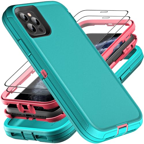 YKHJKLEC for iPhone 11 Pro Max Case, Military Grade 3 in 1 Heavy Duty Shockproof/Drop Proof/Dust Proof Case with 2Pcs Tempered Glass Screen Protector (Aqua Blue/Pink) - color: Aqua Blue/Pink