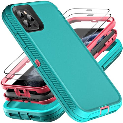 YKHJKLEC for iPhone 11 Pro Case, Military Grade 3 in 1 Heavy Duty Shockproof/Drop Proof/Dust Proof Case with 2Pcs Tempered Glass Screen Protector (Aqua Blue/Pink) - color: Aqua Blue/Pink