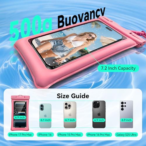 Floating Waterproof Phone Pouch 2 Pack - Dual Floatable Airbags Up to 7.2", IPX8 Waterproof Phone Dry Bag with Lanyard for Beach, for iPhone 17 16 15 Samsung Galaxy Etc., Black + Pink - color: Black + Pink
