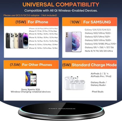 Wireless Charger Compatible with iPhone 18 17 16 15 14 13 12 11 Pro Max/Mini/Plus/XR/X/8, 15W Max Fast Wireless Charging Pad Mat for Samsung Galaxy S23/S22/S21/S20/S10, Galaxy Buds - color: Black 1 Pack