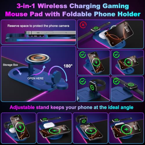 Wireless Charging RGB Gaming Mouse Pad with Foldable Phone Holder, Black