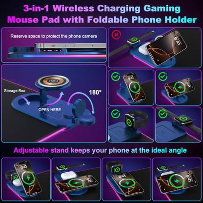 Wireless Charging RGB Gaming Mouse Pad with Foldable Phone Holder, Black