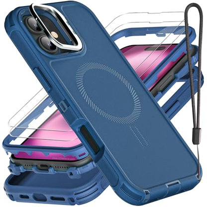 YKHJKLEC for iPhone 16 Plus Case, Military Grade 3 in 1 Heavy Duty Shockproof/Drop Proof/Dust Proof with Kickstand Case, with 2 x Tempered Glass Screen Protector & 1 x Wrist Strap (ZJ-Navy Blue) - color: ZJ-Navy Blue