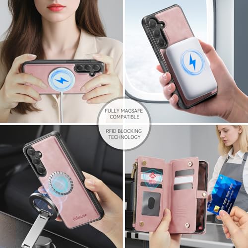 Defencase for Galaxy S25 Case Wallet Compatible with Magsafe 6.2", Rosepink | Magnetic Detachable, with RFID Bolcking Card Holder, Zipper Strap, PU Leather Drop-Proof Phone Cover for Samsung Galaxy S25 - color: (Detachable with Magsafe)-Pink