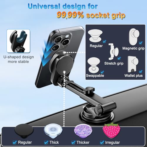 for Pop Socket Car Mount, Suction Cup Socket Grip Holder for Car with Strong 3M Sticky Adhesive, Dashboard Windshield Car Phone Holder Works for Popsocket, Fits All Smartphones with Pop Grip - style: Suction Cup