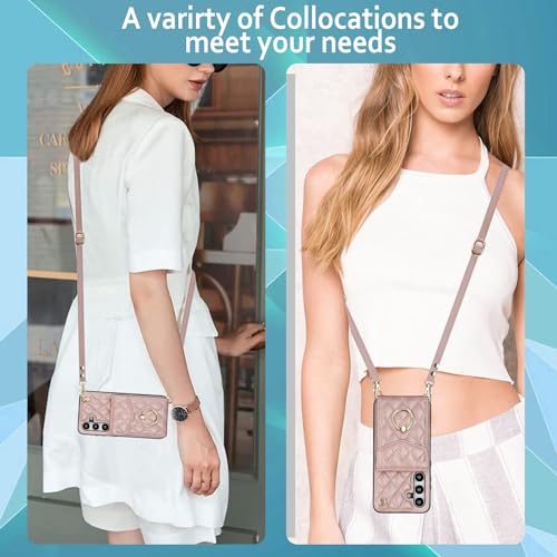 Asuwish Phone Case for Samsung Galaxy S24 5G Wallet Cover with Tempered Glass Screen Protector and Crossbody Wrist Strap Ring Stand RFID Blocking Card Holder Cell S 24 24S G5 Women Men Girls Rose Gold - color: Rose Gold