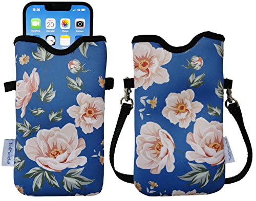 Tainada Neoprene Neck Phone Pouch Case w/Crossbody Strap (Blue Floral) - color: Blue Floral