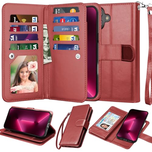 NJJEX Compatible with iPhone 16 Wallet Case, 9 Card Slots, Wine Red | PU leather folio flip, detachable magnetic phone cover, integrated kickstand, included lanyard - color: Wine Red, size: iPhone 16