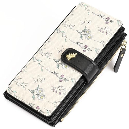 GAEKEAO Womens Wallet RFID Blocking Trifold Large Capacity Ladies Vegan Leather Wallet Floral Multi Card Holder Organizer - color: Y01-Khaki