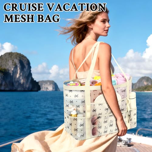 GYEUKHAM Mesh Beach Bag for Women, Sand-Resistant Pool Tote, 9 Pockets (1 Inner Zip), Foldable Family Travel Essentials - color: L-black Butterfly