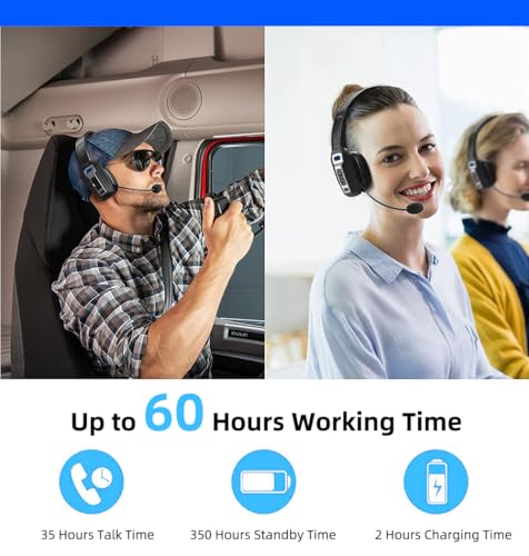 Bluetooth Headset with Microphone,Noise Cancelling with Mute Button, Very Strong Wireless Range, All-Day Comfort On Ear Headphones 60 Hrs Working time for Trucker/Work/PC/Call Center/Meeting/Office