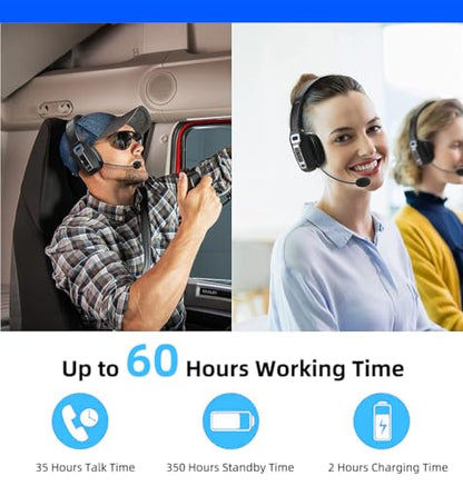 Bluetooth Headset with Microphone,Noise Cancelling with Mute Button, Very Strong Wireless Range, All-Day Comfort On Ear Headphones 60 Hrs Working time for Trucker/Work/PC/Call Center/Meeting/Office