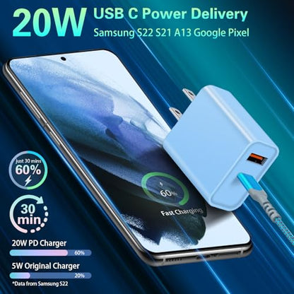 Fast Charging Wall Charger + USB C Cable, 2-Pack 20W USB C Power Adapter - color: Purple Blue