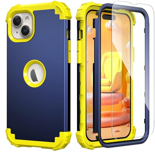 IDweel for iPhone 15 Case with Screen Protector,Luxury 3 in 1 Shockproof Slim Fit Hybrid Heavy Duty Protection Glitter Hard PC Cover Soft Silicone Bumper Full Body Case,Navy Blue/Yellow - color: Navy Blue/Yellow