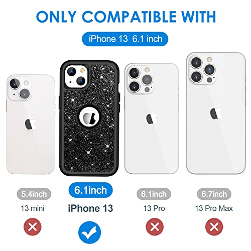 Hython Case for iPhone 13 Case Glitter, Cute Sparkly Shiny Bling Sparkle Cover, Heavy Duty 3 in 1 Hybrid Hard PC Soft TPU Bumper Full Body Shockproof Protective Phone Cases for Women Girls, Black - color: Black