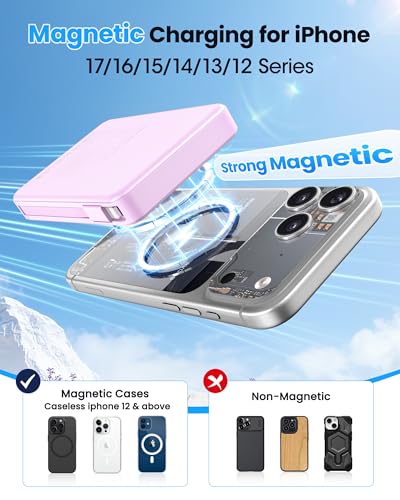 Magnetic Portable Charger 10000mAh Built in Cable for Magsafe Power Bank - color: Purple
