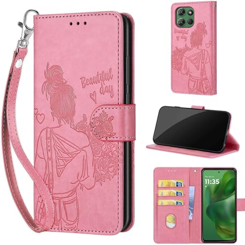 Wallet Case for Motorola Moto G Power 2025/2026, Pink Girl | Women Flip Folio Cover, Embossed PU Leather, Stand, Credit Card Holders Slots, Wrist Strap - color: 9