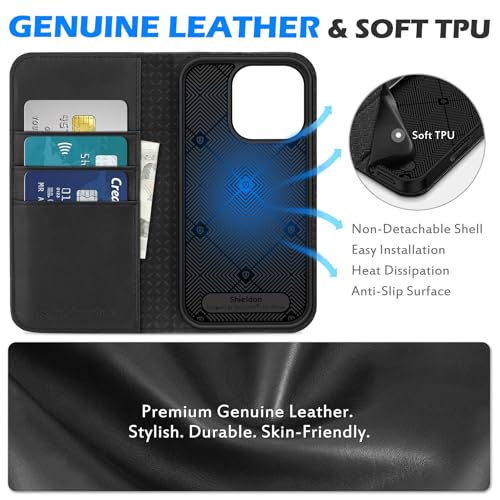 SHIELDON Genuine Leather Wallet Case for iPhone 16 Pro 6.3" 2024, Black | Flip Magnetic Cover, Kickstand, RFID Blocking, 3 Credit Card Holder, Book Design, Shockproof, Soft Inner Phone Case - color: Black