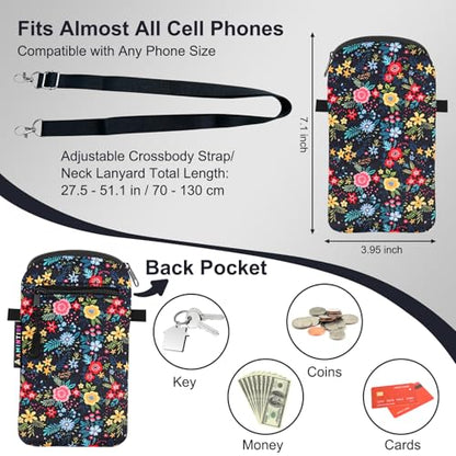 Lanyard Phone Holder Pouch, Phone Bag with Pocket for iPhone & Samsung - color: Black Garden