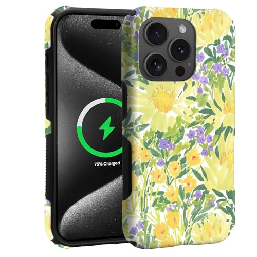 Case for iPhone 15 Pro | Anti-Slip Side Handle| Bold Protective Design | Compatible with MagSafe | Bright Yellow Wildflowers | - color: Bright Yellow Wildflowers, size: iPhone 15 Pro