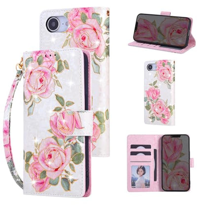 UEEBAI Wallet Case for iPhone 17e/iPhone 16e, PU Leather Phone Cover Kickstand RFID Blocking Flip Case Card Slots Wrist Strap Relief Engraved Pattern Magnetic Closure Flower Folio Wallet, White Rose - color: White Rose, size: iPhone 17e/16e