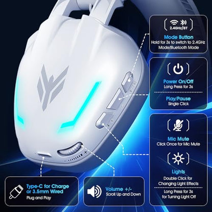 BENGOO G1 60H Wireless Gaming Headset with RGB Lights & Mic for PS5 PS4 PC - color: White