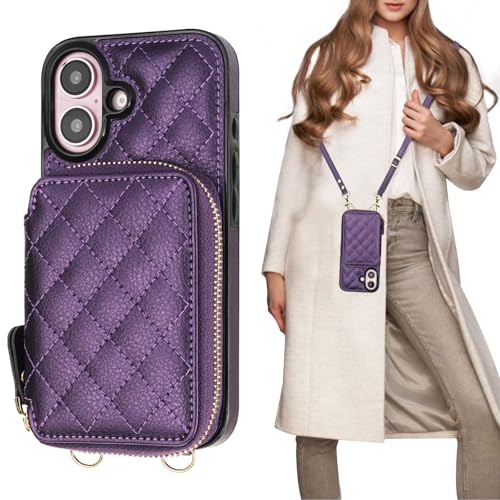 Bocasal Crossbody Wallet Case Card Holder for iPhone 16, Dark Purple | RFID Blocking PU Leather Zipper Handbag Purse, Kickstand Flip Folio Case with Card Slots Holder Wrist Strap Lanyard 6.1 Inch - color: Dark Purple