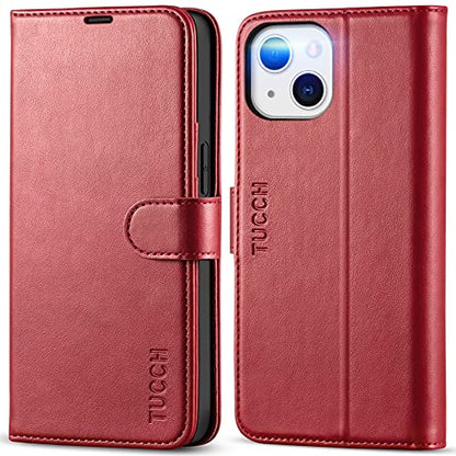 TUCCH Case Wallet for iPhone 13 (6.1") 2021, RFID Blocking Folio, Dark Red | 3 Card Holders, Kickstand, PU Leather, Magnetic Closure, Shockproof TPU Shell, Protective Flip Cover - color: Dark Red