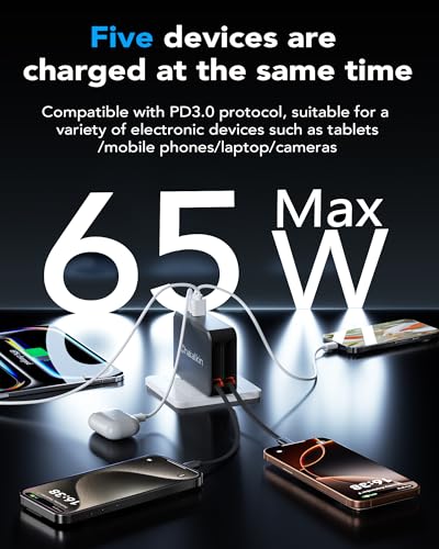 65W for MacBook Pro Charger,5-in-1 Retractable Wall Charger Plug for iPhone - color: Black