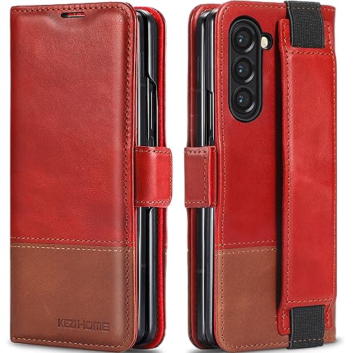 KEZiHOME Genuine Leather Wallet Case for Samsung Galaxy Z Fold 6 - color: Red Brown, size: Galaxy Z Fold 6 Case