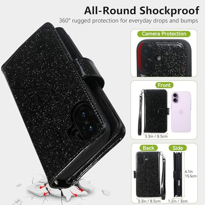 Varikke for iPhone 17 Glitter Case Wallet Magnetic Detachable, Black - color: (Standard) Black, size: iPhone 17 6.3"