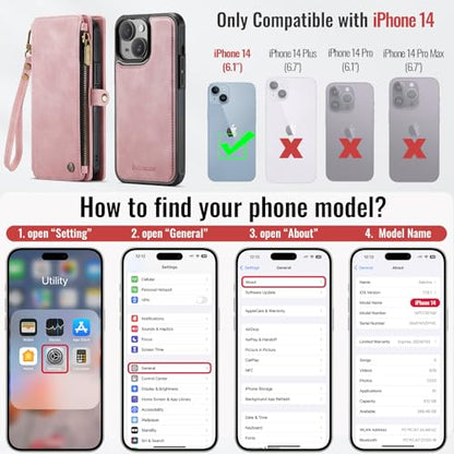 Defencase for iPhone 14 Phone Case Wallet Compatible with Magsafe, Rosepink | Magnetic Detachable, Drop-Proof Protective Wallet Cases Cover, with RFID Bolcking Card Holder, Zipper Strap, Soft PU Leather - color: (Detachable with Magsafe)-Pink