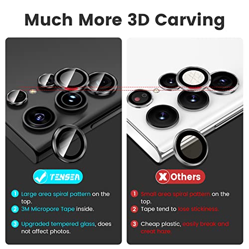Tensea [3+2PCS for Samsung Galaxy S23 Ultra 5G Camera Lens Protector, 9H Tempered Glass Camera Cover Screen Protector Metal Individual Ring [Installation Tray][Removal tool][Case Friendly]- Black
