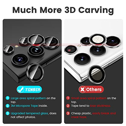 Tensea [3+2PCS for Samsung Galaxy S23 Ultra 5G Camera Lens Protector, 9H Tempered Glass Camera Cover Screen Protector Metal Individual Ring [Installation Tray][Removal tool][Case Friendly]- Black