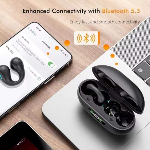 Open Ear Bone Conduction Headphones Bluetooth 5.3Wireless Clip On Earbuds with Digital Display Charging Case 80 Hours Playtime Sport Earphones Built-in Mic IPX7Waterproof for Running Fitness Exercise