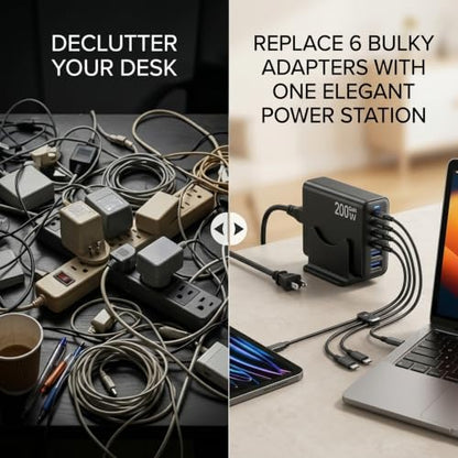 200W GaN Charging Station, 6-Port USB-C Desktop Charger - color: Black-200