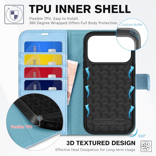 TUCCH Wallet Case for iPhone 17 Pro (6.3"), 4 Card Slots, Pearly Light Blue | RFID Blocking, Viewing Stand, Shockproof TPU Shell, PU Leather, Magnetic Closure, Protective Folio Flip Cover - color: Pearly Light Blue