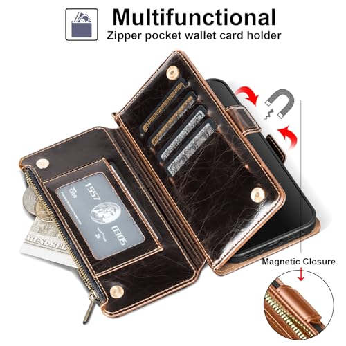 Antsturdy for iPhone 14 Plus Phone Wallet Case Women,(Coffee) | RFID Blocking,with Credit Card Holder Slots,PU Leather Purse,Zipper Pocket,Wrist Strap Kickstand,Flip Folio Cover for Men - color: B-Coffee