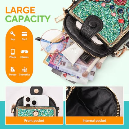 Women's Small Crossbody Cell Phone Bag, Boho Colorful Beaded Purse Wallet with Handmade Cute Patterns - color: Bead-blue