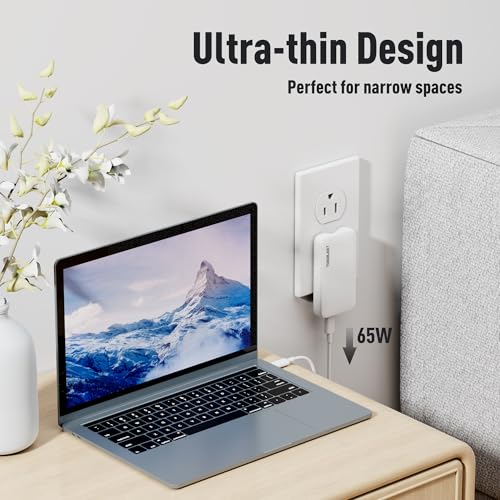 Ultra Thin 65W USB C Charger, Foldable for Travel, Flat Dual Port with PD 3.0 & GaN Tech for Laptops, MacBook, iPad Pro, iPhone 13/13 Pro, iPad Pro,S22, Galaxy Book, LG Gram, XPS, Pixel