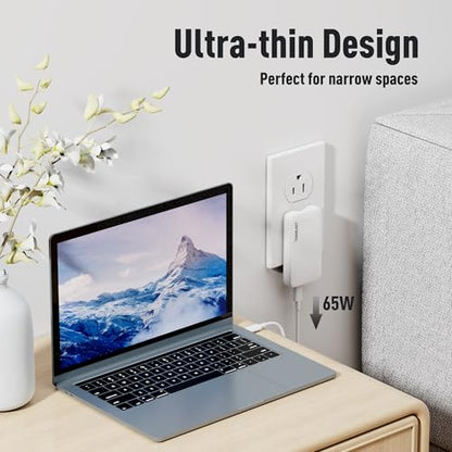 Ultra Thin 65W USB C Charger, Foldable for Travel, Flat Dual Port with PD 3.0 & GaN Tech for Laptops, MacBook, iPad Pro, iPhone 13/13 Pro, iPad Pro,S22, Galaxy Book, LG Gram, XPS, Pixel