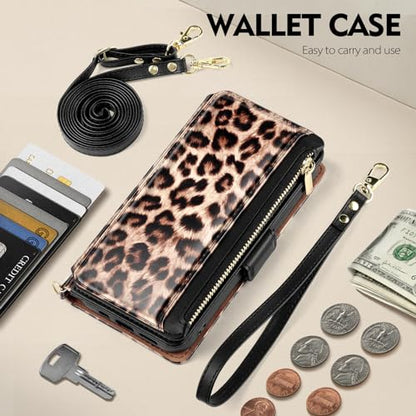 Antsturdy Crossbody Phone Wallet Case for iPhone 15 Pro,Leopard - Brown | RFID Blocking,PU Leather Flip Cover,Kickstand,with Credit Card Holder,Wrist Strap Lanyard & Handbag Purse,for Women & Men - color: (Crossbody) - Leopard-Brown