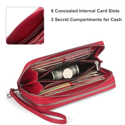 Women’s Wallet for Cell Phone Anti Theft Wristlet Bag with Strap RFID Blocking Double Zipper, Red - color: Red